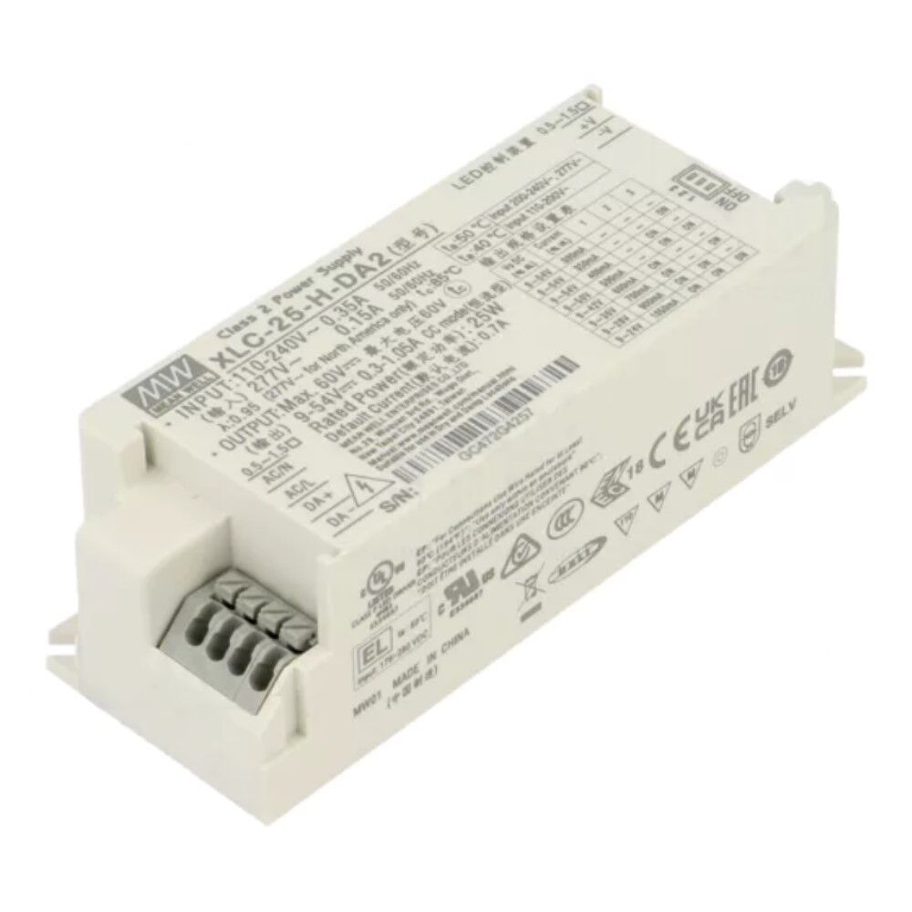XLC-25-H-DA2, DALI2 DIM 300~1050mA Akım Seçilebilir 25W Sabit Güç LED Sürücü, Mean Well