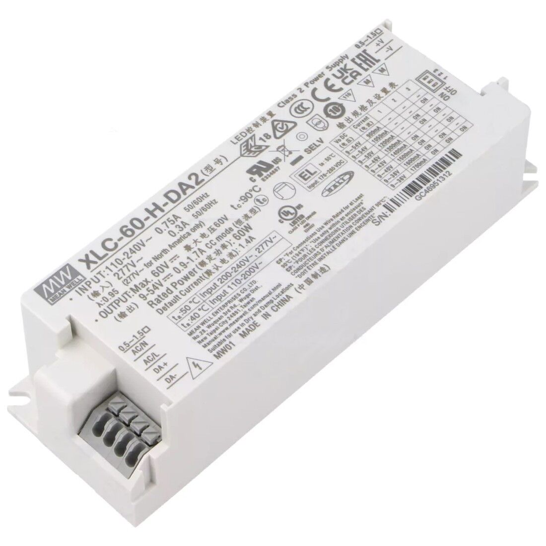XLC-60-H-DA2, DALI2 DIM 900~1700mA Akım Seçilebilir 60W Sabit Güç LED Sürücü, Mean Well