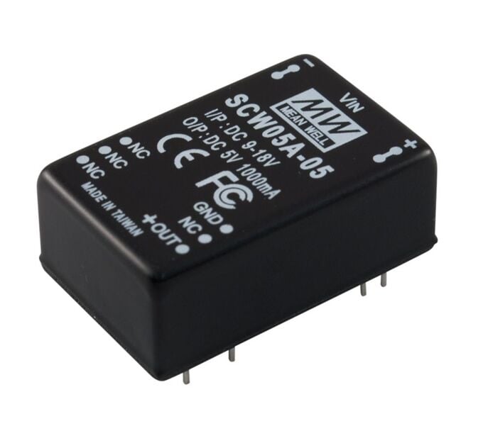 SCW05B-05, 18-36Vin 5Vout 1000mA 5W DC/DC Konvertör, Mean Well