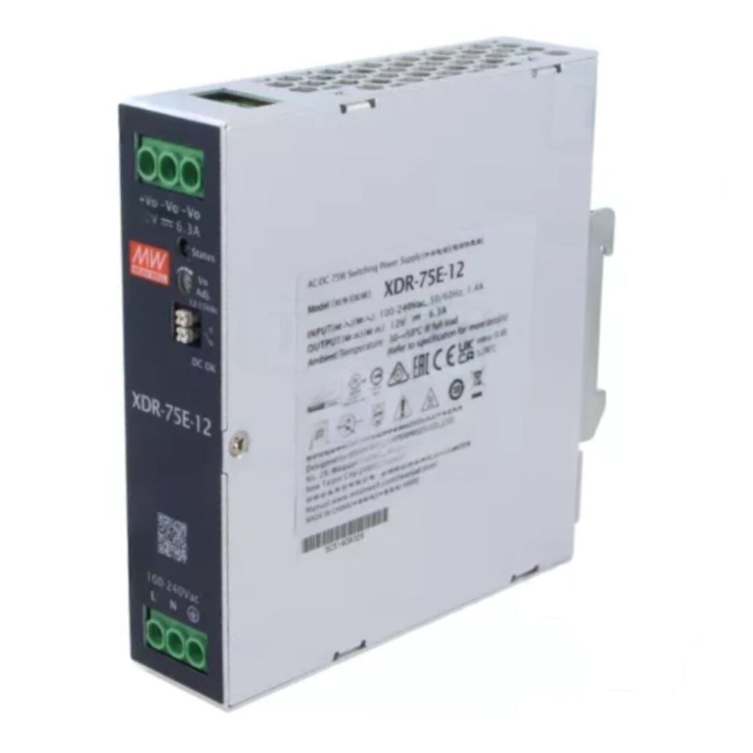 XDR-75-12, 12VDC 6.24A Ultra İnce Ray Montaj Güç Kaynağı, Mean Well