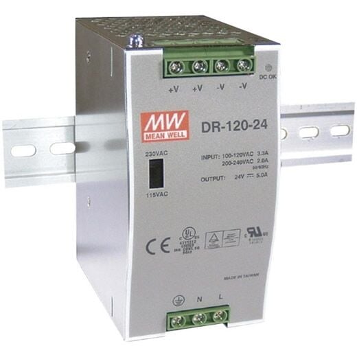 DR-120-24, 24VDC 5.0A Ray Montaj Güç Kaynağı, Mean Well