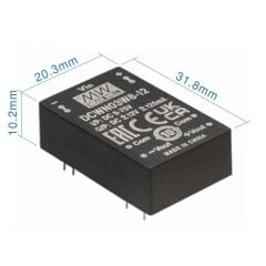 DCWN03W8-15, 9~75Vin ±15Vout ±100mA 3W DC/DC Konvertör, Mean Well