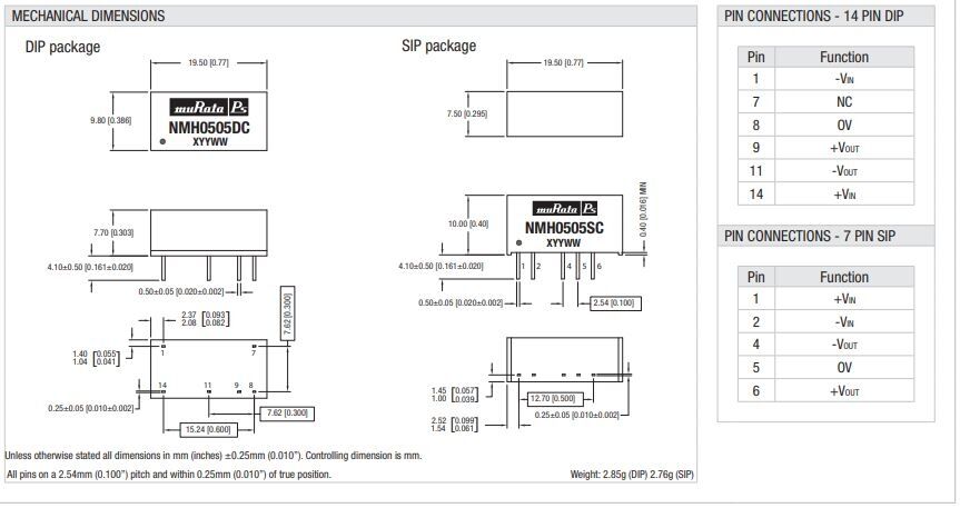 NMH1215SC, 12Vin ±15Vout ±67mA 2W DC/DC Konvertör