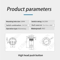 HBDS1-AGQ16H-11E/J/S/24V/R, 16mm IP67 Kırmızı Işıklı Metal Buton
