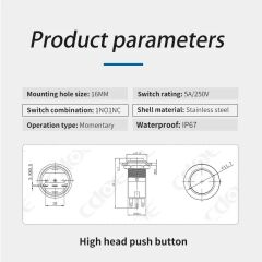 HBDS1-AGQ16H-11E/J/S/24V/Y, 16mm IP67 Sarı Işıklı Metal Buton